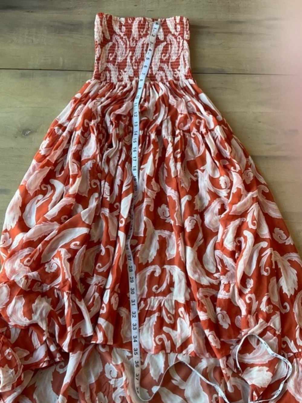 Strapless Orange & White High-Low Maxi Dress with Smocked Top - Picture 9 of 10